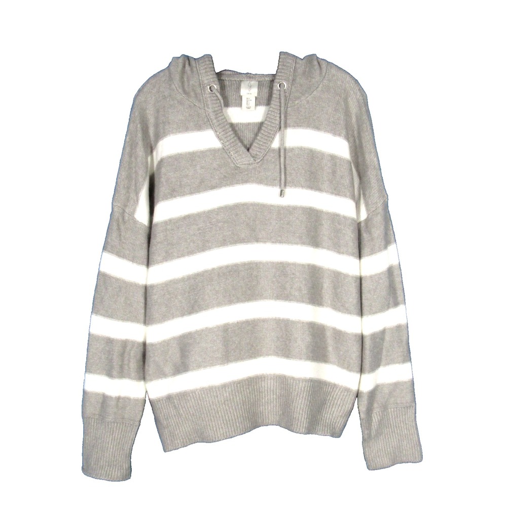 J JOIE Gray/White STRIPED So Soft! DRAWSTRING HOODIE Ribbed Trim SWEATER Sz L
